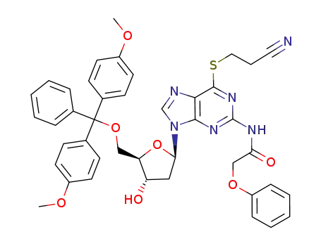 Molecular Structure of 138406-87-8 (Guanosine,
5'-O-[bis(4-methoxyphenyl)phenylmethyl]-6-S-(2-cyanoethyl)-2'-deoxy-N
-(phenoxyacetyl)-6-thio-)