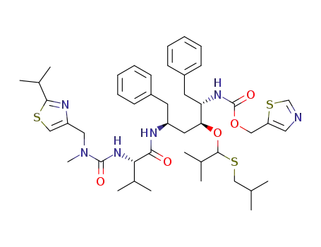 Molecular Structure of 875436-09-2 (2,4,7,12-Tetraazatridecan-13-oic acid,
2-methyl-5-(1-methylethyl)-1-[2-(1-methylethyl)-4-thiazolyl]-10-[2-methyl-
1-[(2-methylpropyl)thio]propoxy]-3,6-dioxo-8,11-bis(phenylmethyl)-,
5-thiazolylmethyl ester, (5S,8S,10S,11S)-)
