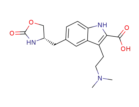 Molecular Structure of 659738-69-9 (1H-Indole-2-carboxylic acid,
3-[2-(dimethylamino)ethyl]-5-[[(4S)-2-oxo-4-oxazolidinyl]methyl]-)