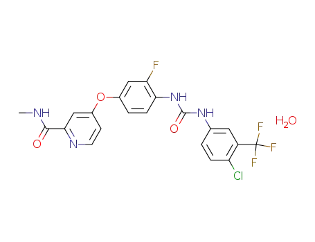 Molecular Structure of 1019206-88-2 (4-[4-[[[[4-Chloro-3-(trifluoromethyl)phenyl]amino]carbonyl]amino]-3-fluorophenoxy]-N-methyl-2-pyridinecarboxamide hydrate)