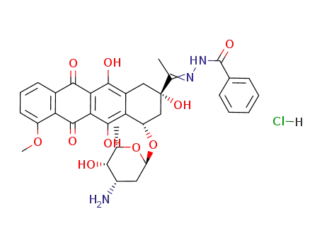 Benzoic acid [1-[(2S,4S)-4-((2R,4S,5S,6S)-4-amino-5-hydroxy-6-methyl-tetrahydro-pyran-2-yloxy)-2,5,12-trihydroxy-7-methoxy-6,11-dioxo-1,2,3,4,6,11-hexahydro-naphthacen-2-yl]-eth-(E)-ylidene]-hydrazide; hydrochloride
