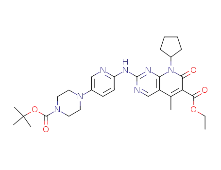 Molecular Structure of 571189-03-2 (Pyrido[2,3-d]pyriMidine-6-carboxylic acid, 8-cyclopentyl-2-[[5-[4-[(1,1-diMethylethoxy)carbonyl]-1-piperazinyl]-2-pyridinyl]aMino]-7,8-dihydro-5-Methyl-7-oxo-, ethyl ester)