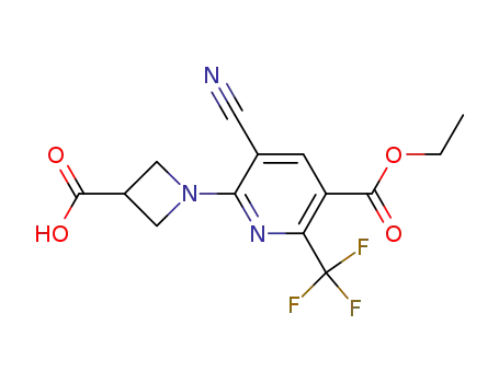 Molecular Structure of 919354-83-9 (3-Pyridinecarboxylic acid,
6-(3-carboxy-1-azetidinyl)-5-cyano-2-(trifluoromethyl)-, ethyl ester)