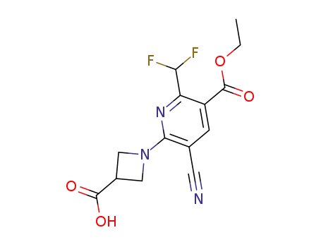 Molecular Structure of 919354-92-0 (3-Pyridinecarboxylic acid,
6-(3-carboxy-1-azetidinyl)-5-cyano-2-(difluoromethyl)-, ethyl ester)