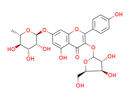 Molecular Structure of 89946-00-9 (3-(alpha-L-arabinofuranosyloxy)-5-hydroxy-2-(4-hydroxyphenyl)-4-oxo-4H-chromen-7-yl 6-deoxy-alpha-L-mannopyranoside)