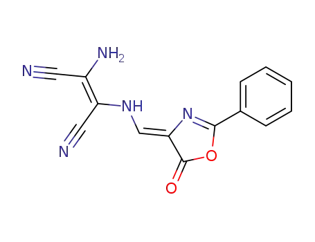 Molecular Structure of 874117-16-5 (2-Butenedinitrile,
2-amino-3-[[(Z)-(5-oxo-2-phenyl-4(5H)-oxazolylidene)methyl]amino]-,
(2Z)-)