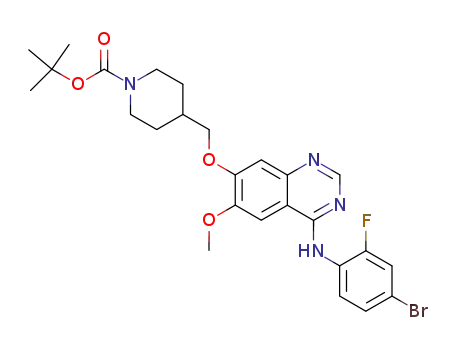 Molecular Structure of 338992-20-4 (Tert-butyl 4-((4-(4-bromo-2-fluorophenylamino)-6-methoxyquinazolin-7-yloxy)methyl)piperidine-1-carboxylate)