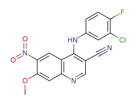 Molecular Structure of 214485-59-3 (3-Quinolinecarbonitrile,
4-[(3-chloro-4-fluorophenyl)amino]-7-methoxy-6-nitro-)