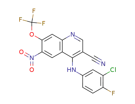 Molecular Structure of 492456-57-2 (3-Quinolinecarbonitrile,
4-[(3-chloro-4-fluorophenyl)amino]-6-nitro-7-(trifluoromethoxy)-)