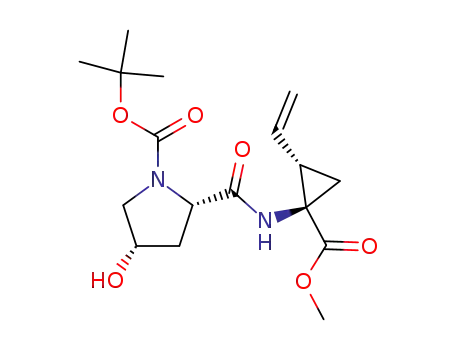 Molecular Structure of 572922-91-9 (1-Pyrrolidinecarboxylic acid,
2-[[[(1R,2S)-2-ethenyl-1-(methoxycarbonyl)cyclopropyl]amino]carbonyl]-
4-hydroxy-, 1,1-dimethylethyl ester, (2S,4S)-)