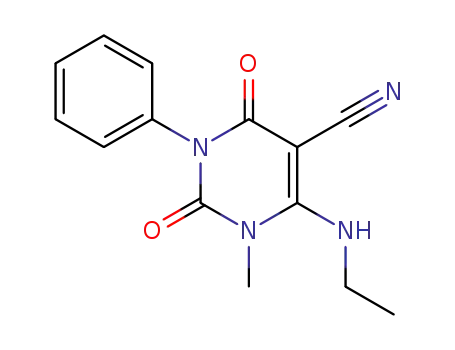Molecular Structure of 105736-29-6 (5-Pyrimidinecarbonitrile,
6-(ethylamino)-1,2,3,4-tetrahydro-1-methyl-2,4-dioxo-3-phenyl-)