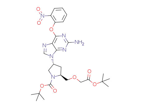 Molecular Structure of 876954-00-6 (1-Pyrrolidinecarboxylic acid,
4-[2-amino-6-(2-nitrophenoxy)-9H-purin-9-yl]-2-[[2-(1,1-dimethylethoxy)-
2-oxoethoxy]methyl]-, 1,1-dimethylethyl ester, (2S,4R)-)