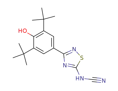 Molecular Structure of 143429-64-5 (Cyanamide,
[3-[3,5-bis(1,1-dimethylethyl)-4-hydroxyphenyl]-1,2,4-thiadiazol-5-yl]-)