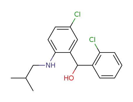 Molecular Structure of 152906-75-7 (Benzenemethanol,
5-chloro-a-(2-chlorophenyl)-2-[(2-methylpropyl)amino]-)