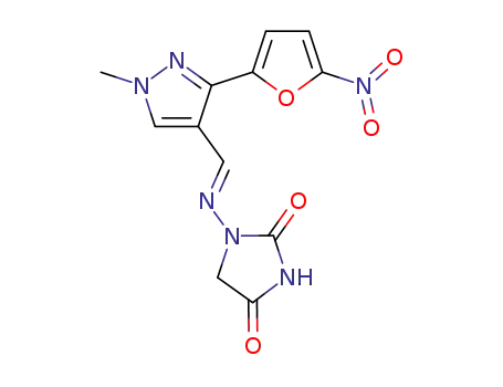 Molecular Structure of 61620-57-3 (2,4-Imidazolidinedione,
1-[[[1-methyl-3-(5-nitro-2-furanyl)-1H-pyrazol-4-yl]methylene]amino]-)