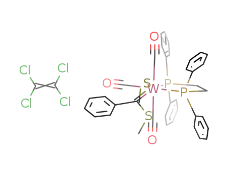 mer-tricarbonyl(bis(diphenylphosphino)ethane)(η2-methyldithiobenzoate)tungsten * tetrachloroethene