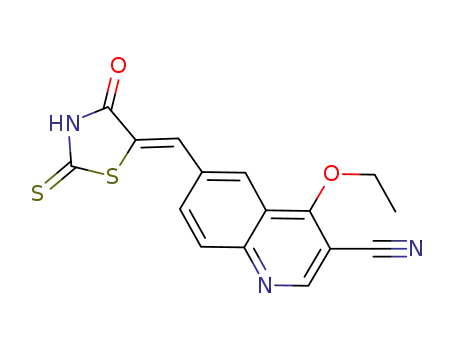 Molecular Structure of 872576-94-8 (3-Quinolinecarbonitrile,
4-ethoxy-6-[(Z)-(4-oxo-2-thioxo-5-thiazolidinylidene)methyl]-)