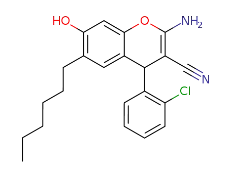 Molecular Structure of 111861-36-0 (4H-1-Benzopyran-3-carbonitrile,
2-amino-4-(2-chlorophenyl)-6-hexyl-7-hydroxy-)