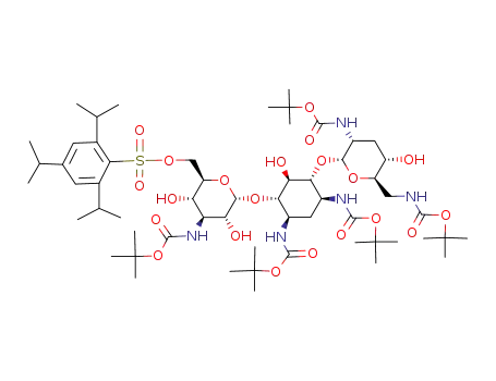 ((2R,3S,4S,5R,6S)-6-(((1S,2S,3R,4S,6R)-4,6-bis((tert-butoxycarbonyl)amino)-3-(((2R,3R,5S,6R)-3-((tert-butoxycarbonyl)methyl)-5-hydroxytetrahydro-2Hpyran-2-yl)oxy)-2-hydroxycyclohexyl)oxy)-4-((tert-butoxycarbonyl)amino)-3,5-dihydroxytetrahydro-2H-pyran-2-yl)methyl 2,4,6-triisopropylbenzenesulfonate