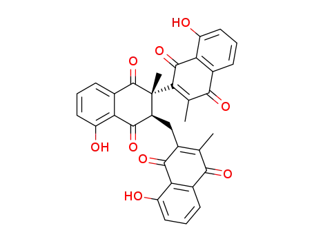 Molecular Structure of 94410-15-8 ([2,2'-Binaphthalene]-1,1',4,4'-tetrone,3-[(1,4- dihydro-8-hydroxy-3-methyl-1,4-dioxo-2- naphthalenyl)methyl]-2,3-dihydro-5,8'- dihydroxy-2,3'-dimethyl-,(2R,3S)-rel- )