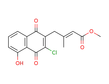 Molecular Structure of 95393-72-9 (2-Butenoic acid,
4-(3-chloro-1,4-dihydro-5-hydroxy-1,4-dioxo-2-naphthalenyl)-3-methyl-,
methyl ester)