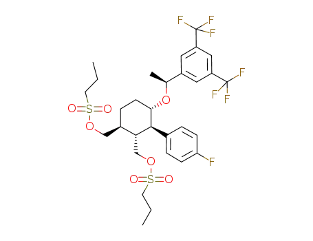 Molecular Structure of 920025-46-3 (1-Propanesulfonic acid,
1,1'-[[(1S,2R,3R,4S)-4-[(1S)-1-[3,5-bis(trifluoromethyl)phenyl]ethoxy]-3-
(4-fluorophenyl)-1,2-cyclohexanediyl]bis(methylene)] ester)