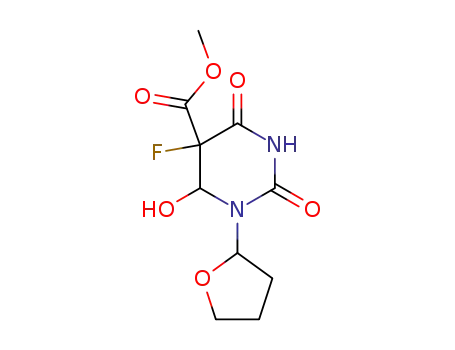 Molecular Structure of 65906-08-3 (5-Pyrimidinecarboxylic acid,
5-fluorohexahydro-6-hydroxy-2,4-dioxo-1-(tetrahydro-2-furanyl)-, methyl
ester)