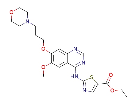 Molecular Structure of 385780-23-4 (5-Thiazolecarboxylic acid,
2-[[6-methoxy-7-[3-(4-morpholinyl)propoxy]-4-quinazolinyl]amino]-, ethyl
ester)