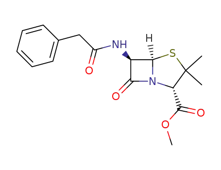 Molecular Structure of 653-89-4 (4-Thia-1-azabicyclo[3.2.0]heptane-2-carboxylic acid,
3,3-dimethyl-7-oxo-6-[(phenylacetyl)amino]- (2S,5R,6R)-, methyl ester)
