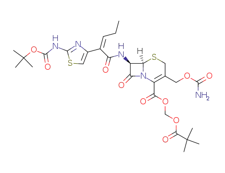 [(2,2-dimethylpropanoyl)oxy]methyl (6R,7R)-7-{[(2Z)-2-{2-[(tert-butoxycarbonyl)amino]-1,3-thiazol-4-yl}pent-2-enoyl]amino}-3-[(carbamoyloxy)methyl]-8-oxo-5-thia-1-azabicyclo[4.2.0]oct-2-ene-2-carboxyl