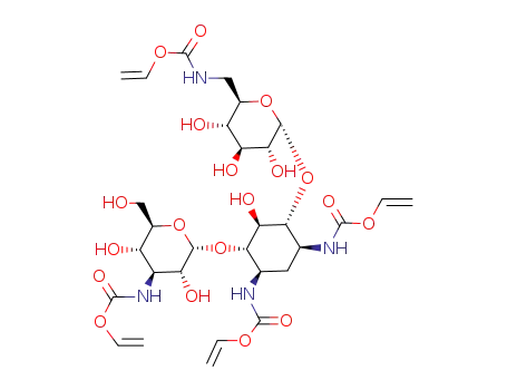 {4-(3,5-dihydroxy-6-hydroxymethyl-4-vinyloxycarbonylamino-tetrahydro-pyran-2-yloxy)-3-hydroxy-2-[3,4,5-trihydroxy-6-(vinyloxycarbonylamino-methyl)-tetrahydro-pyran-2-yloxy]-5-vinyloxycarbonylamino-cyclohexyl}-carbamic acid vinyl ester