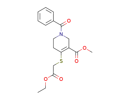 Molecular Structure of 64281-03-4 (3-Pyridinecarboxylic acid,
1-benzoyl-4-[(2-ethoxy-2-oxoethyl)thio]-1,2,5,6-tetrahydro-, methyl ester)