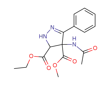 Molecular Structure of 141035-00-9 (1H-Pyrazole-4,5-dicarboxylic acid,
4-(acetylamino)-4,5-dihydro-3-phenyl-, 5-ethyl 4-methyl ester)