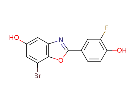Molecular Structure of 544704-73-6 (7-broMo-2-(3-fluoro-4-hydroxyphenyl)-1,3-benzoxazol-5-ol)