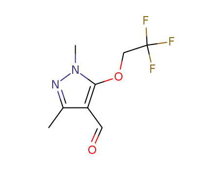 Molecular Structure of 126764-32-7 (1H-Pyrazole-4-carboxaldehyde, 1,3-dimethyl-5-(2,2,2-trifluoroethoxy)-)