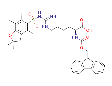 Molecular Structure of 1159680-21-3 (L-Lysine, N6-[[[(2,3-dihydro-2,2,4,6,7-pentamethyl-5-benzofuranyl)sulfonyl]amino]iminomethyl]-N2-[(9H-fluoren-9-ylmethoxy)carbonyl]-)