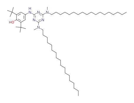 Molecular Structure of 95335-64-1 (Phenol,
4-[[4,6-bis(methyloctadecylamino)-1,3,5-triazin-2-yl]amino]-2,6-bis(1,1-
dimethylethyl)-)
