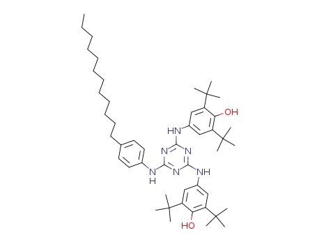 Molecular Structure of 95335-62-9 (Phenol,
4,4'-[[6-[(4-dodecylphenyl)amino]-1,3,5-triazine-2,4-diyl]diimino]bis[2,6-
bis(1,1-dimethylethyl)-)