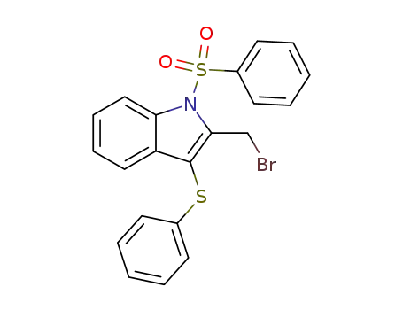 Molecular Structure of 85678-42-8 (1H-Indole, 2-(bromomethyl)-1-(phenylsulfonyl)-3-(phenylthio)-)