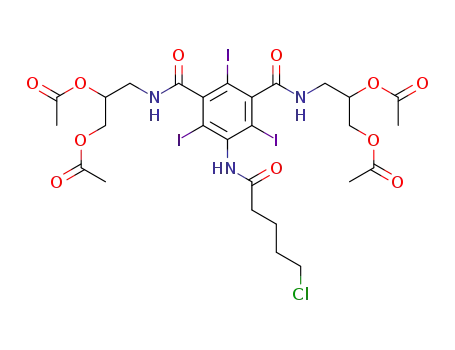 Molecular Structure of 136453-24-2 (1,3-Benzenedicarboxamide,
N,N'-bis[2,3-bis(acetyloxy)propyl]-5-[(5-chloro-1-oxopentyl)amino]-2,4,6
-triiodo-)