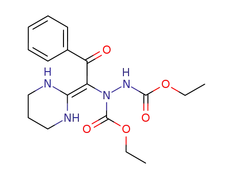 Molecular Structure of 112030-74-7 (1,2-Hydrazinedicarboxylic acid,
1-[2-oxo-2-phenyl-1-(tetrahydro-2(1H)-pyrimidinylidene)ethyl]-, diethyl
ester)