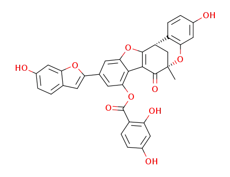 Molecular Structure of 101365-03-1 (Benzoic acid,2,4-dihydroxy-,(6R,13R)-7,13-dihydro-3-hydroxy-10-(6-hydroxy-2-benzofuranyl)-6-methyl-7-oxo-6,13-methano-6H-benzofuro[3,2-d][1]benzoxocin-8-ylester, rel-(+)-)