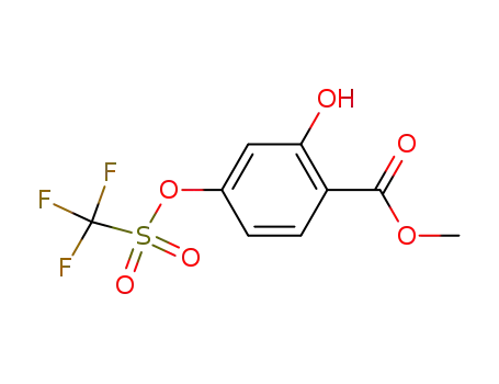 Molecular Structure of 149878-72-8 (Benzoic acid, 2-hydroxy-4-[[(trifluoromethyl)sulfonyl]oxy]-, methyl ester)