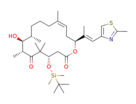 Molecular Structure of 219823-99-1 (Oxacyclohexadec-13-ene-2,6-dione,
4-[[(1,1-dimethylethyl)dimethylsilyl]oxy]-8-hydroxy-5,5,7,9,13-pentameth
yl-16-[(1E)-1-methyl-2-(2-methyl-4-thiazolyl)ethenyl]-,
(4S,7R,8S,9S,13Z,16S)-)