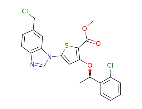 Molecular Structure of 929095-64-7 (2-Thiophenecarboxylic acid,
5-[6-(chloromethyl)-1H-benzimidazol-1-yl]-3-[(1R)-1-(2-chlorophenyl)eth
oxy]-, methyl ester)