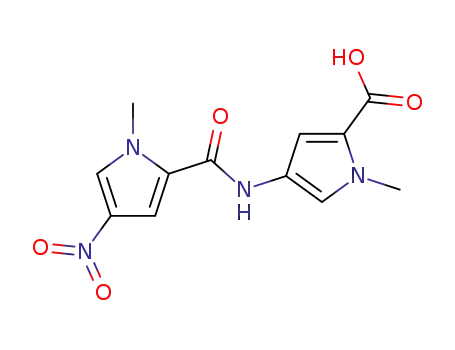 Molecular Structure of 97950-76-0 (1H-Pyrrole-2-carboxylic acid,
1-methyl-4-[[(1-methyl-4-nitro-1H-pyrrol-2-yl)carbonyl]amino]-)
