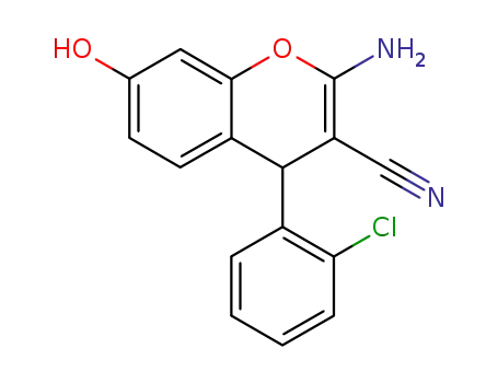 Molecular Structure of 111861-29-1 (4H-1-Benzopyran-3-carbonitrile, 2-amino-4-(2-chlorophenyl)-7-hydroxy-)