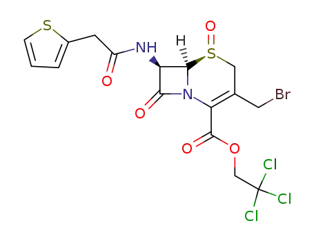 Molecular Structure of 33492-83-0 (2,2,2-trichloroethyl (6R,7R)-3-(bromomethyl)-8-oxo-7-[(thiophen-2-ylacetyl)amino]-5-thia-1-azabicyclo[4.2.0]oct-2-ene-2-carboxylate 5-oxide)