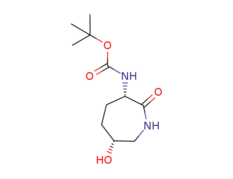 Molecular Structure of 270902-68-6 (Carbamic acid, [(3S,6R)-hexahydro-6-hydroxy-2-oxo-1H-azepin-3-yl]-,
1,1-dimethylethyl ester)