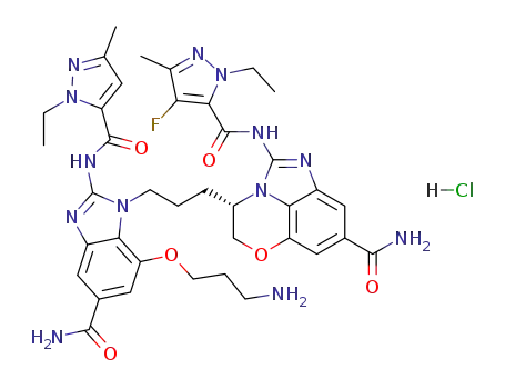 (S)-3-(3-(7-(3-aminopropoxy)-5-carbamoyl-2-(1-ethyl-3-methyl-1H-pyrazole-5-carboxamido)-1H-benzo[d]imidazol-1-yl)propyl)-2-(1-ethyl-4-fluoro-3-methyl-1H-pyrazole-5-carboxamido)-3,4-dihydro-5-oxa-1,2a-diazaacenaphthylene-7-carboxamide hydrochloride